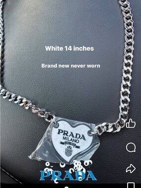 Prada Silver Chain Necklace with White Heart Pendant